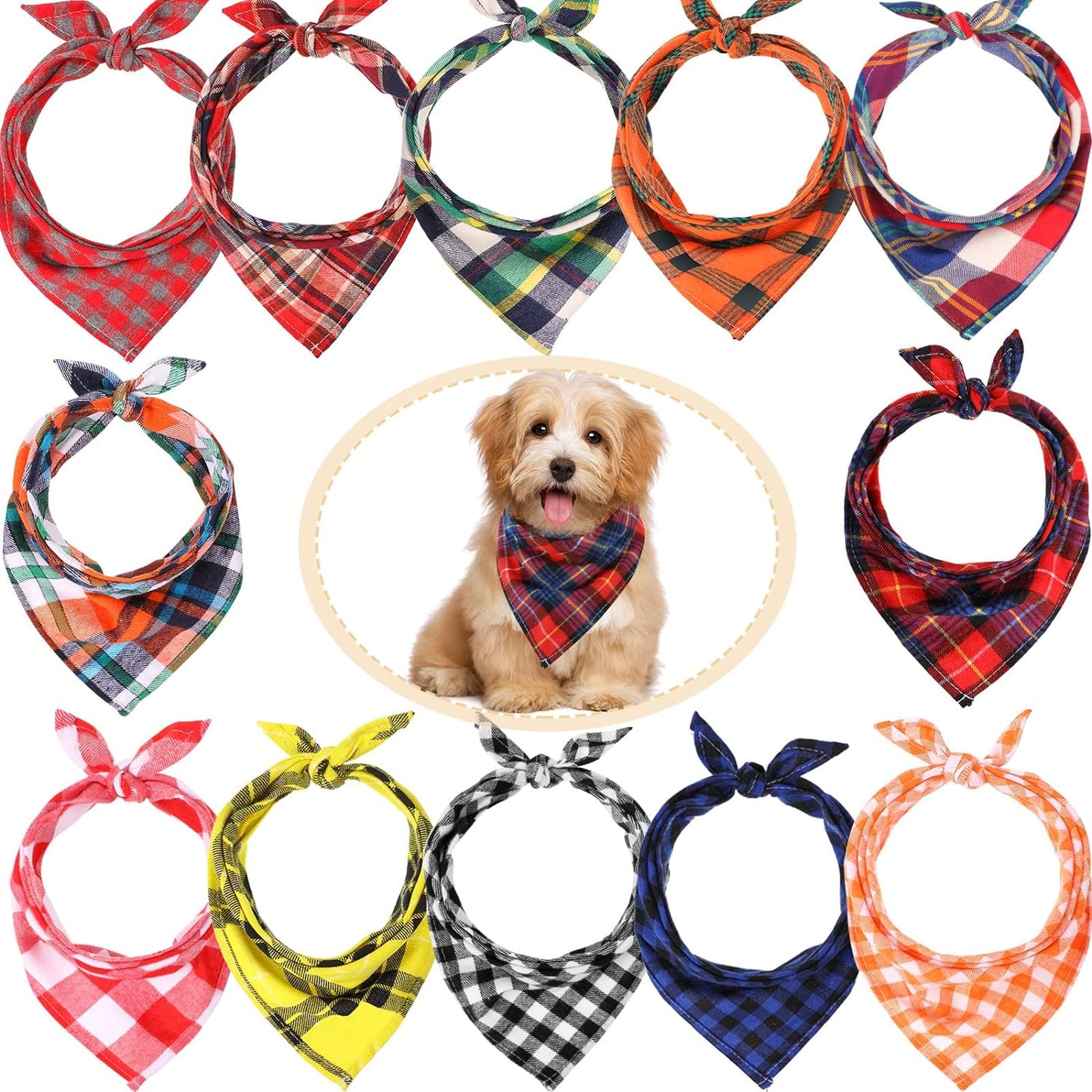 12 Piece Christmas Dog Bandanas Plaid Pet Bandanas Scarf Triangle Bibs Kerchief Washable Reversible Adjustable Pet Costume Accessories for Small Large Dogs and Cats(Lattice Graphic)