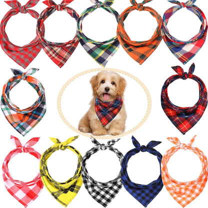 12 Piece Christmas Dog Bandanas Plaid Pet Bandanas Scarf Triangle Bibs Kerchief Washable Reversible Adjustable Pet Costume Accessories for Small Large Dogs and Cats(Lattice Graphic)