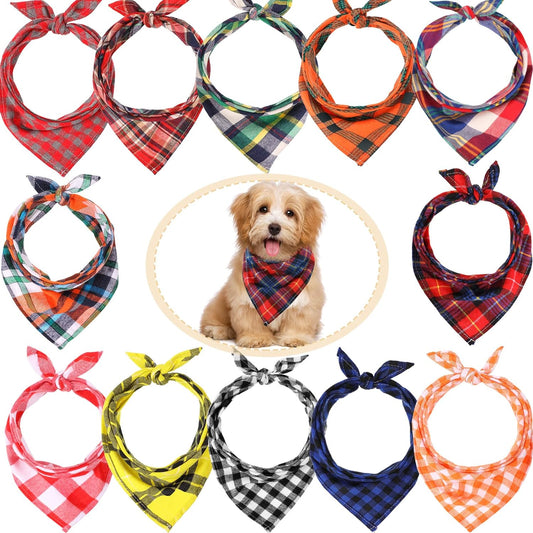 12 Piece Christmas Dog Bandanas Plaid Pet Bandanas Scarf Triangle Bibs Kerchief Washable Reversible Adjustable Pet Costume Accessories for Small Large Dogs and Cats(Lattice Graphic)
