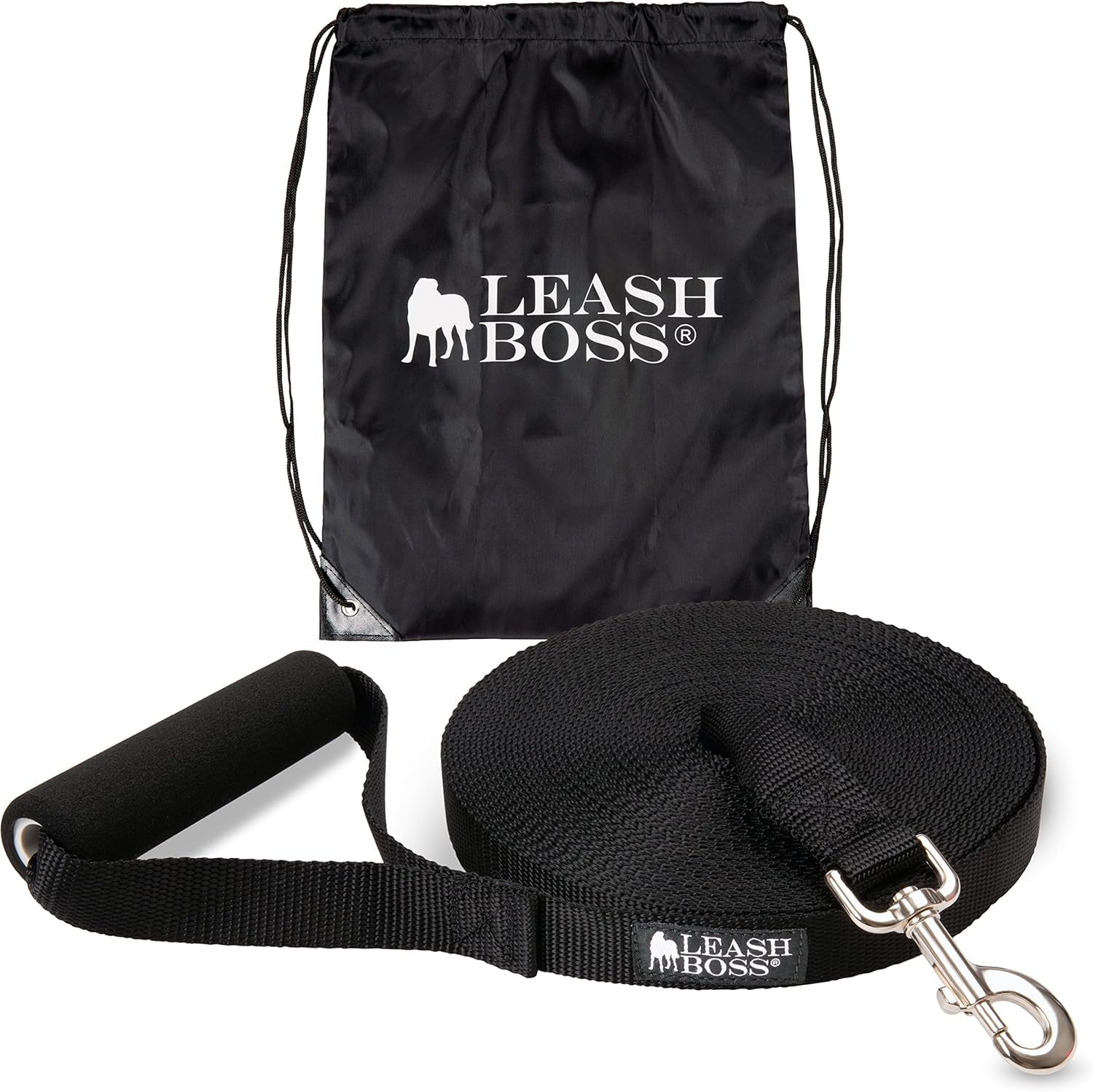 Free Range - Long Dog Leash for Large Dogs + Drawstring Backpack - 1 Inch Nylon Training Lead with Padded Handle (Black) (50 Ft)