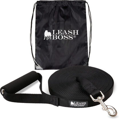 Free Range - Long Dog Leash for Large Dogs + Drawstring Backpack - 1 Inch Nylon Training Lead with Padded Handle (Black) (50 Ft)