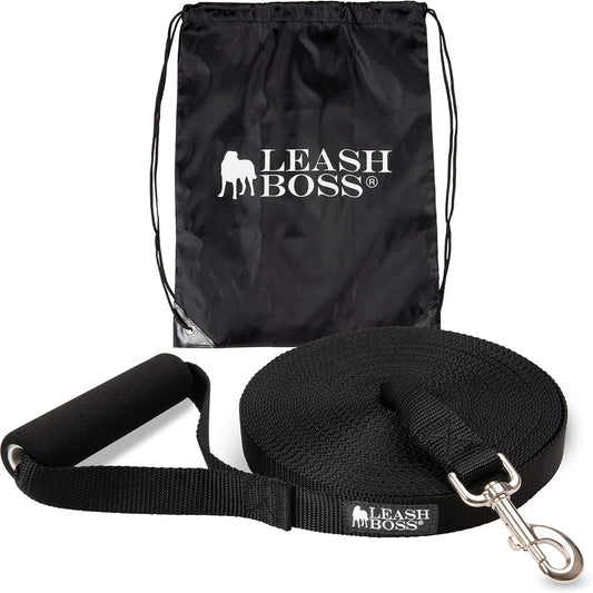 Free Range - Long Dog Leash for Large Dogs + Drawstring Backpack - 1 Inch Nylon Training Lead with Padded Handle (Black) (50 Ft)