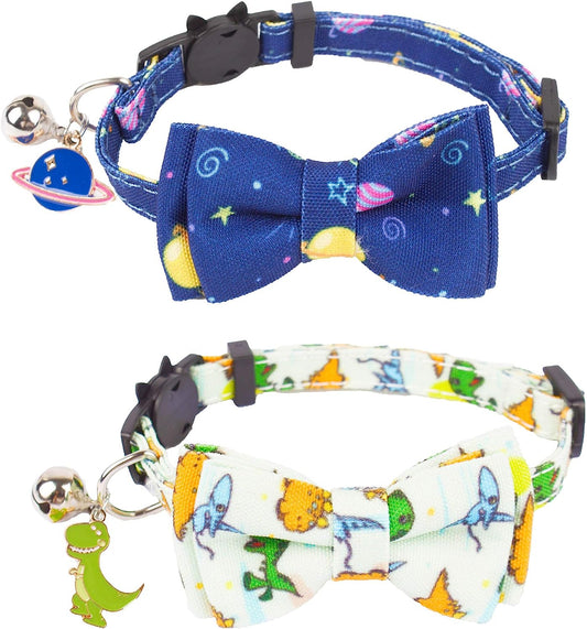 Cat Collar Breakaway with Cute Bow Tie Bell, 2 Pack Kitten Collar with Removable Bowtie, Universe Dinosaur Bowtie Collar for Cats (7.5"- 10.5")