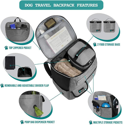 Dog Travel Bag Backpack, Airline Approved Dog Bags for Traveling, Puppy Diaper Bag Supplies, Pet Camping Essentials Hiking Accessories Gift, Food Container, Collapsible Bowls, Stripe Black