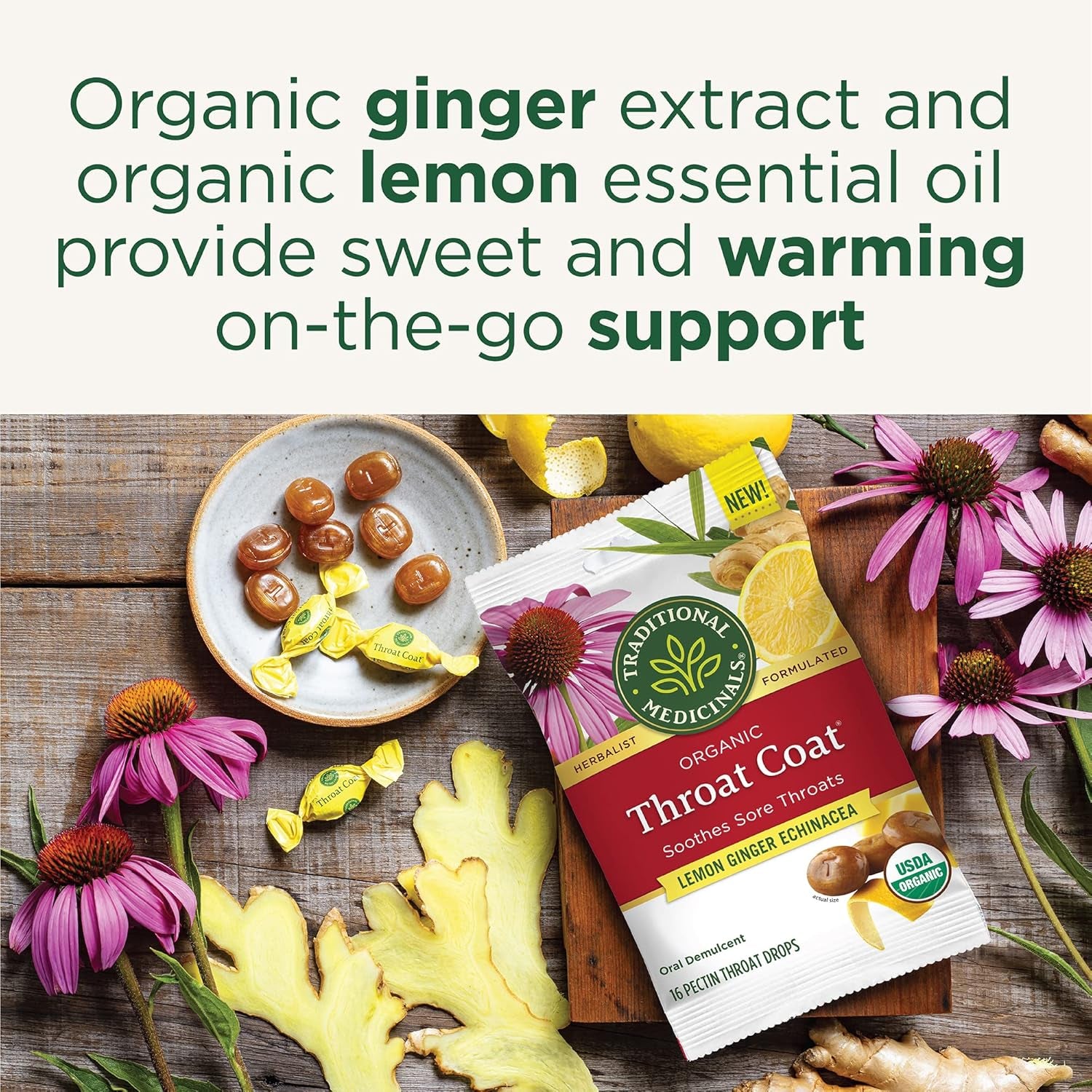 Lozenges, Organic Throat Coat Lemon Ginger Echinacea, Sore Throat Support, 16 Individually Wrapped Lozenges