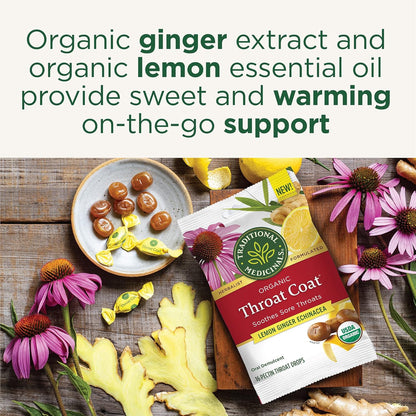 Lozenges, Organic Throat Coat Lemon Ginger Echinacea, Sore Throat Support, 16 Individually Wrapped Lozenges