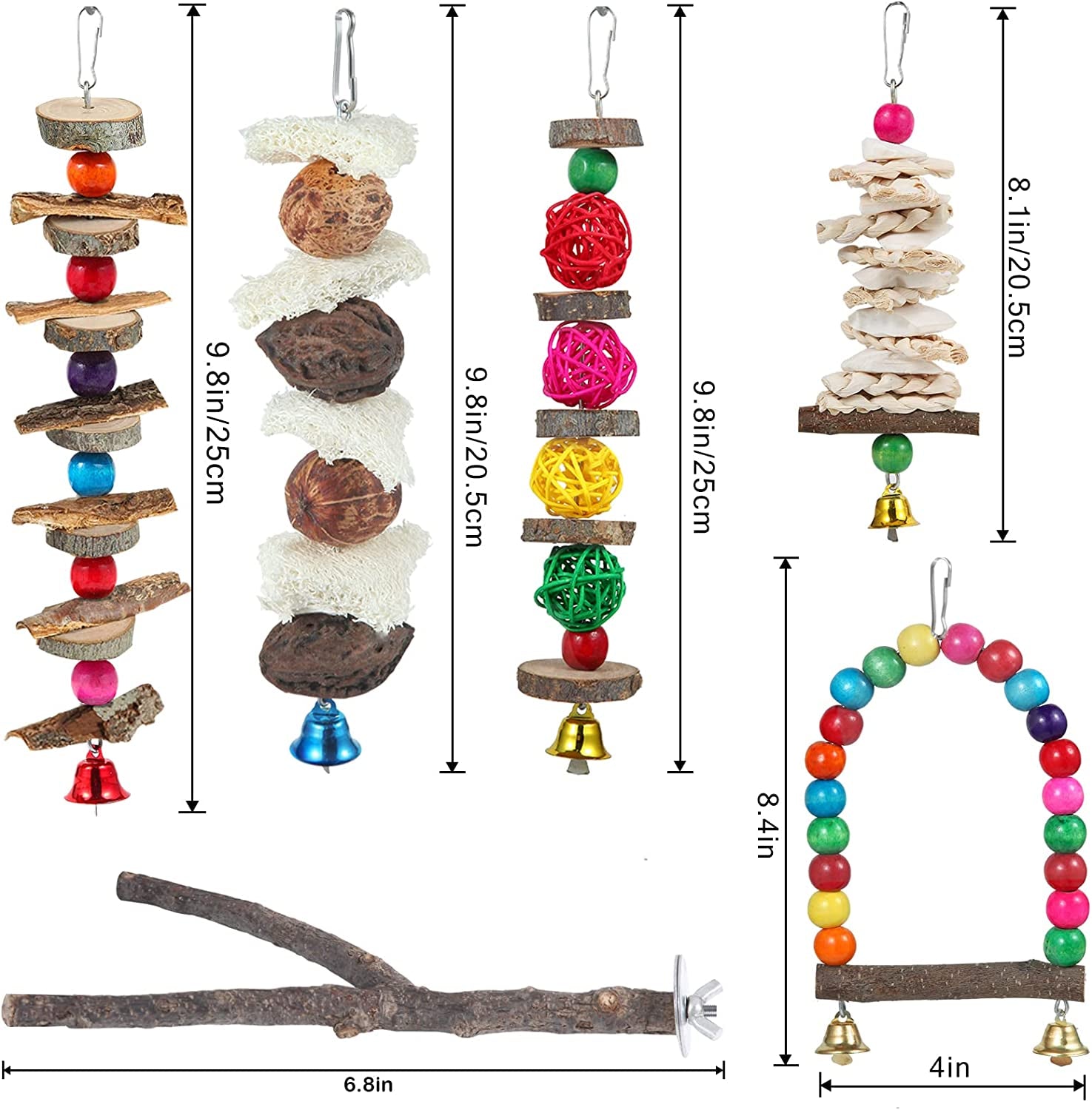 Bird Perch & Toys - 6 Pack Accessories, Wooden Chew Toys & Perch Stand for Parakeet, Conure, Cockatiel, Lovebird, Parrotlet, Budgie, Finches & Other Small to Medium Sized Birds