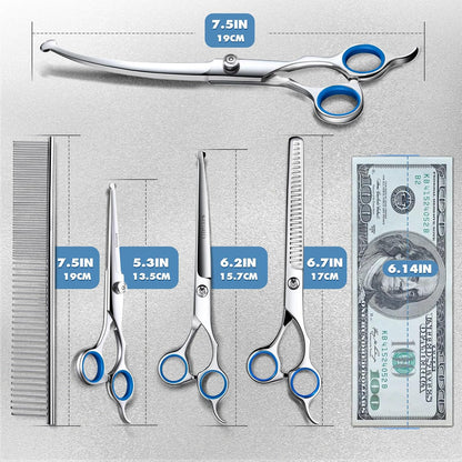 Titanium Coated Professional 6 in 1 4CR Stainless Steel Dog Grooming Scissors with Safety round Tip, Heavy Duty Pet Grooming Scissor for Dogs, Cats and Other Animals