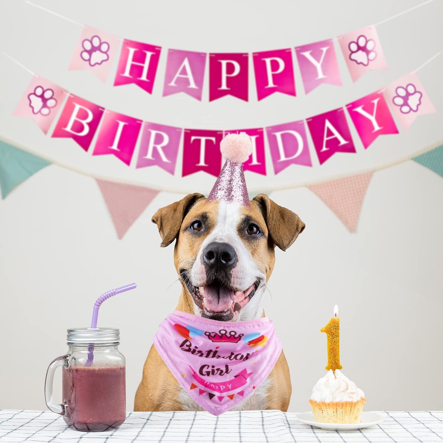 Dog Birthday Party Supplies Bandana Hat Banner Set Boy Girl Cute Bow Tie Scarf Birthday Decorations (Pink，Dog Girl)