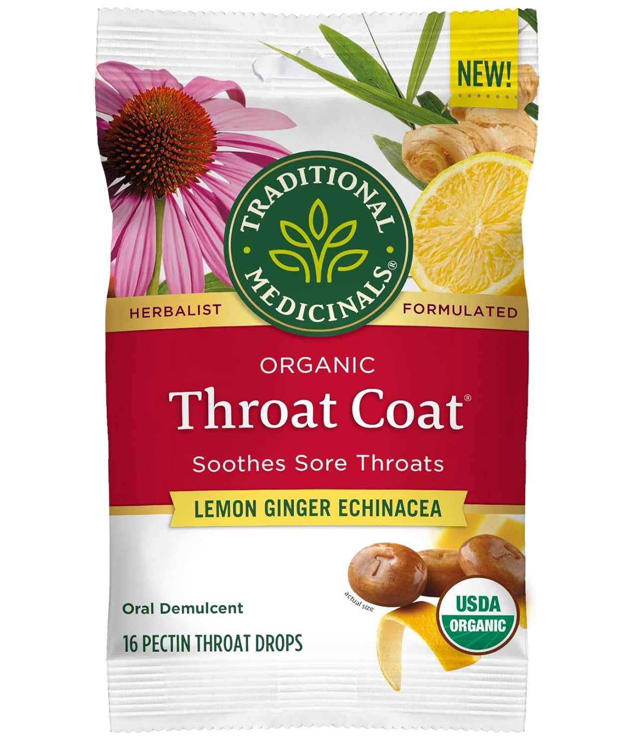 Lozenges, Organic Throat Coat Lemon Ginger Echinacea, Sore Throat Support, 16 Individually Wrapped Lozenges