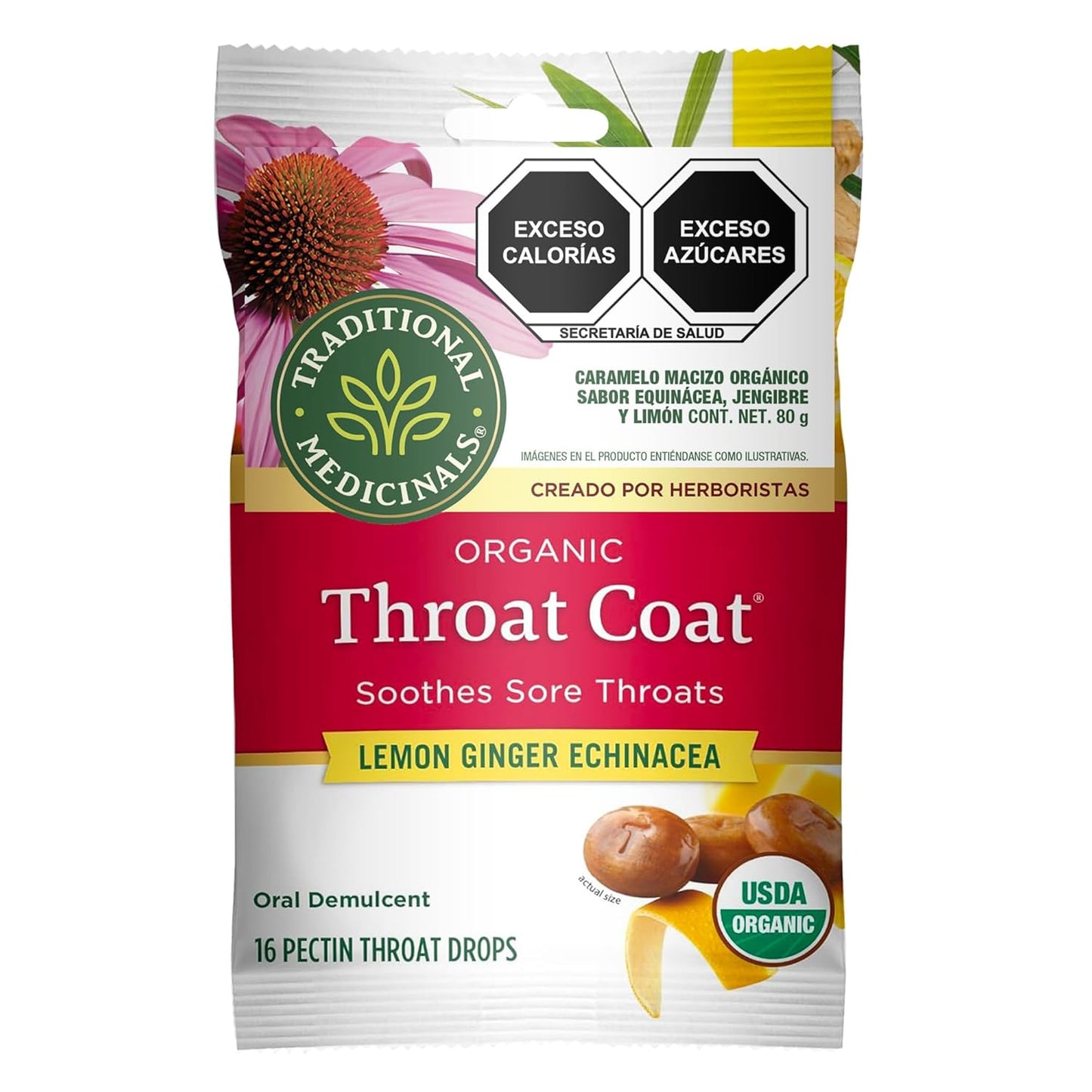 Lozenges, Organic Throat Coat Lemon Ginger Echinacea, Sore Throat Support, 16 Individually Wrapped Lozenges